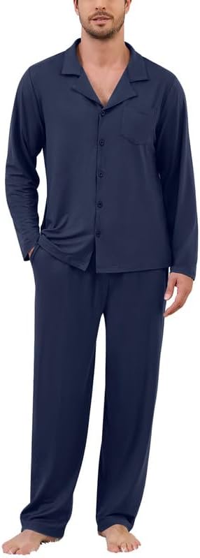 Marvmys Mens Pajama Set Soft Button Down Pajamas Long Sleeve Pjs Sleepwear Loungwear Comfy Sleep Sets with Pockets S-3XL