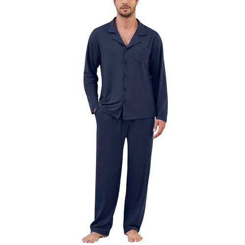 Marvmys Mens Pajama Set Soft Button Down Pajamas Long Sleeve Pjs Sleepwear Loungwear Comfy Sleep Sets with Pockets S-3XL X-Large Navy Blue