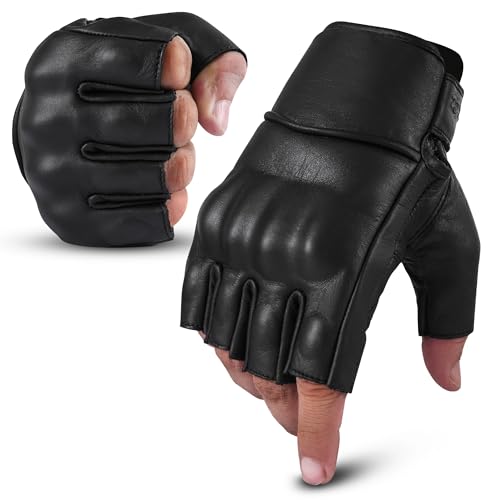 aaasportx Fingerless Motorcycle Gloves - Men's Leather Motorbike Gloves Protectors and Non-Slip Pads (Half Finger Non-Perforated, Black, Large)