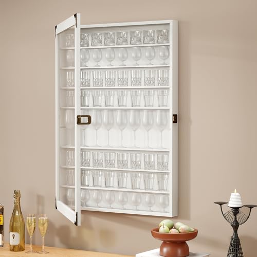 Image of tonchean Shot Glass Display Case Lockable 72 Slots Wooden Display Cabinet with Acrylic Door 9 Tiers Wall Mounted Pine Wood Display Box for Collectibles, White