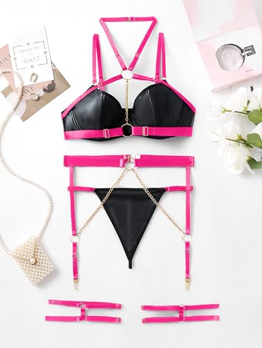 Image of Lilosy Sexy Pu Leather Strappy Underwire Garter Belt Lingerie Set