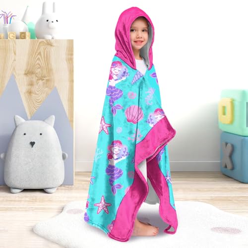 Image of Mermaid Girls Beach Towel with Hoodie for Kids Toddlers Age 4-8, Pink Blue Bath Towels Shower Wrap for Girls, Hooded Poncho Beach Blanket for Pool Swimming Cute Wearable Bath Towel for Child