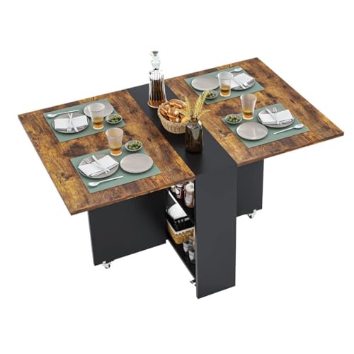 Image of TEKAVO Peyton Foldable Dining Table for Home 4 Seater | Space Saving, Movable with Wheels | 130cm x 80cm x 80cm | Brown & Black | DIY