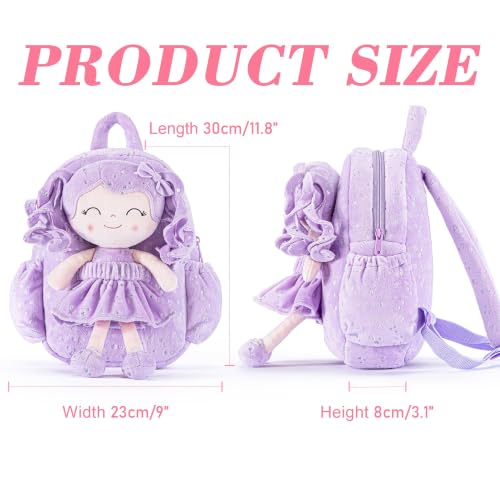 Image of Gloveleya Toddler Backpacks Baby Girl Gifts Curly Hair Plush Figures Dress Backpack - Silver Heart Accents in Soft Purple 11''