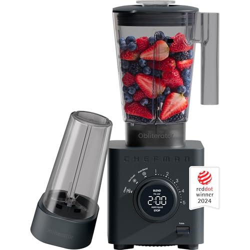 Chefman Obliterator 48 oz Countertop Blender for Smoothies, 1380W Motor to Crush Ice, Nuts, and Frozen Fruit with Stainless Steel Blade, Auto Blend Function, Includes 20 oz Travel Jar - Midnight by Chefman - Used condition - US$50.67