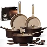 PACKAGE INCLUDES: 9.5" fry pan, 11" fry pan, 3Qt saucepan with lid, 3.5Qt sauté pan with lid,and 5Qt stock pot with lid. 3*utensil , 5*pan protectors. 10X ULTRA NON-STICK：Heavy-duty cast aluminum delivers lasting durability without the weight,reinfor...