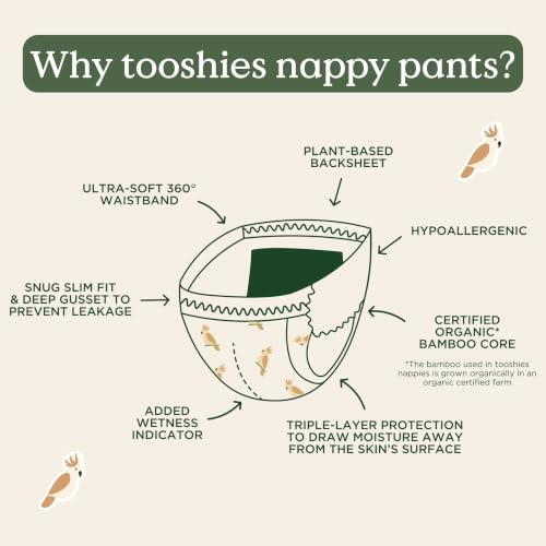 Tooshies Nappy Pants | Size 6 Junior 16kg+ | with Organic Bamboo | 12 hours leak free | Pull Up and tear off | Unisex | Cockatoo Print | 4 x 26pk | 104 count | 1 MONTH SUPPLY - Image 7