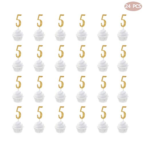 Gold Happy 5Th Birthday Cupcake Topper, 24-Pack Number 5 Glitter Birthday Party Cupcake Toppers, Decorations #TOP2