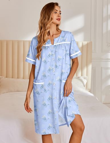 Image of Ekouaer Nightgowns for Women House Dress with Pockets Snap Front House Coat Short Sleeve Duster Moo Moos Sleepwear S-3XL