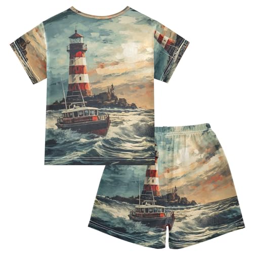 ALAZA Nautical Lighthouse and Boat Pajama Set Short Sleeve Sleepwear Soft Lounge Nightwear2