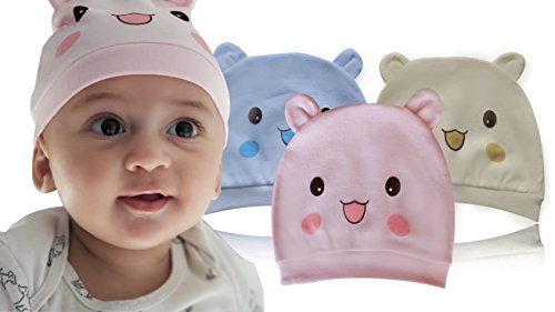 NovelTdesign Pack of 3 Newborn Hats with Cute Animal Pattern, Hospital Hat Knit Beanie Perfect to Protect and Keep Warm and Confortable Your Newborn, Great Gift for a Baby Shower