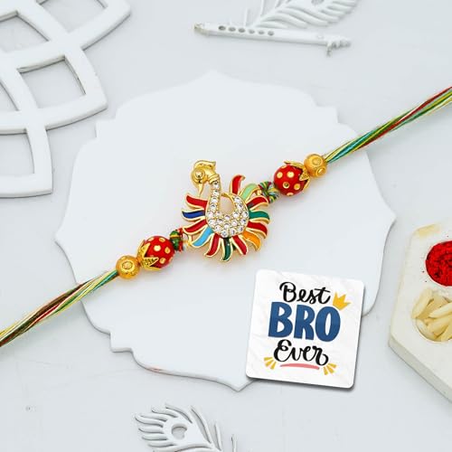 Image of eCraftIndia Multicolor Peacock Rakhi for Brother With Gift Combo Set Hamper | Raksha Bandhan Rakhi for Bhai Bhaiya | Best Bro Ever Fridge Magnet | Roli Chawal Pack