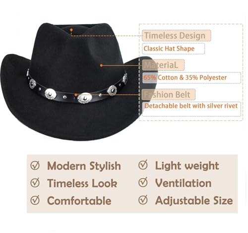 Utaly Womens Felt Western Cowboy Hats for Men Wide Brim Cowgirl Fedoras Hat with Belt Buckle - Image 4