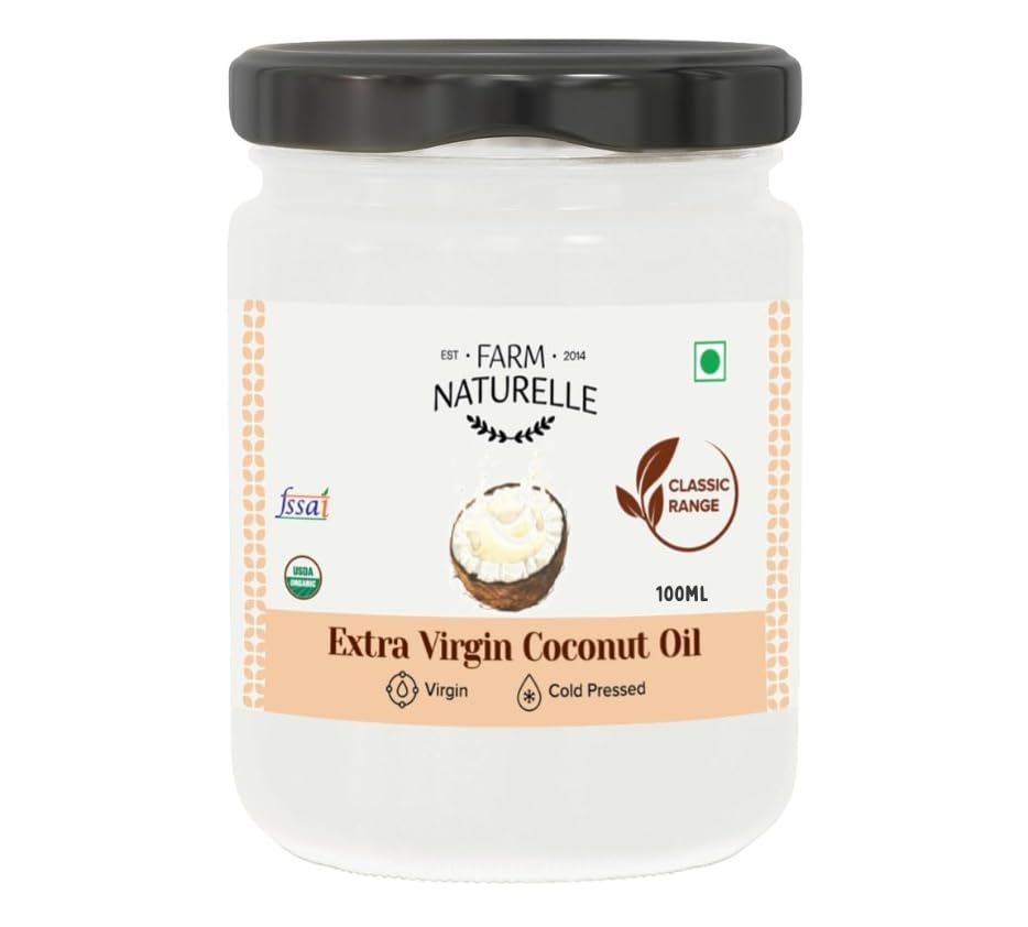 Farm Naturelle - 100% Pure Cold Pressed Extra Virgin Coconut Oil - 100ml | Glass Bottle | Edible Grade | For Cooking, Hair & Skin | Glass Bottle | Unrefined & Preservative-Free | Natural Aroma | Vegan