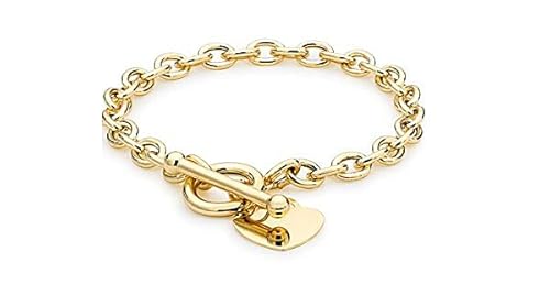 9ct Yellow Gold Oval Belcher Bracelet with Heart Tag and T-Bar, 18cm