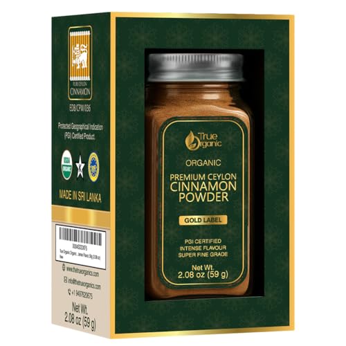 True Organic Premium Ceylon Cinnamon Powder | 2.08 Oz | Extra Fine Grade | Intense Flavor | Protected Geographical Indication (PGI) Certified | USDA Organic & Kosher Certified Product | Gold Label | Organic True Cinnamon Powder 59g.