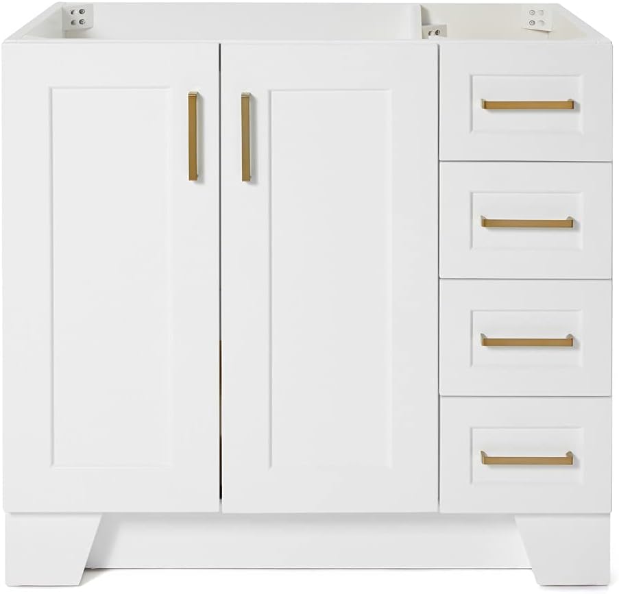ARIEL Taylor 36-inch Bathroom Vanity Base Cabinet,Solid Wood, 2 Soft Closing Doors, 5 Dovetail Drawers, Satin Brass, White