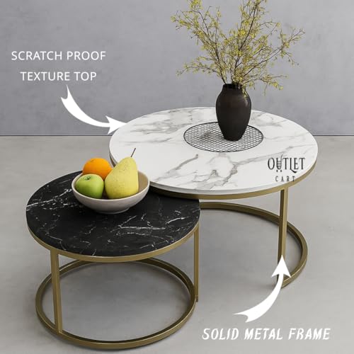 Image of 2-Piece Round Coffee Table Set | Marble Finish MDF Top with Golden Iron Frame | Modern Center & Side Table for Living Room, Bedroom & Small Spaces Gold -Black-White