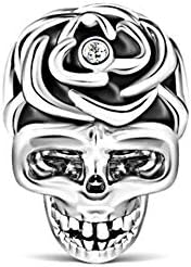 GNOCE Skull Charms Bead Sterling Silver with Black Red Purple Rose Sweet Romance Charm fit for Bracelet/Necklace Halloween Charm for Women Men