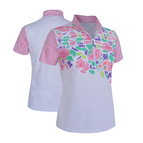 Monterey Club Women's Blossom Print Contrast Zip Top #2382 (Rose Quartz/White, Small)
