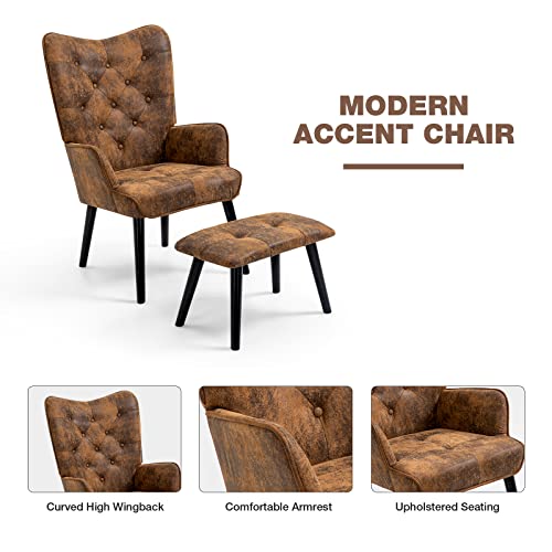 Ecotouge Accent Chair With Ottoman(Anti-Skid Feet Caps), Button Wingback Leisure Single Sofa, Arms Upholstered Tall Back Desk Chair For Bedroom, Reading(Brown) #TOP2