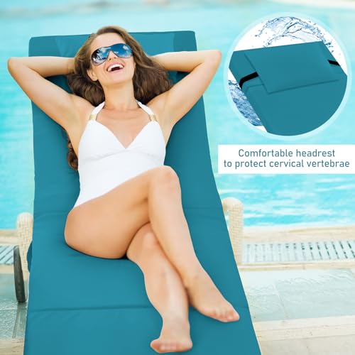 Bucherry 2 Pcs Chaise Lounge Cushions Outdoor with Headrest and Side Pocket Waterproof Chair Cushions Fade Resistant Patio Replacement Cushion Outdoor Furniture Pool 72 x 21 x 3 Inch(Lake Blue)