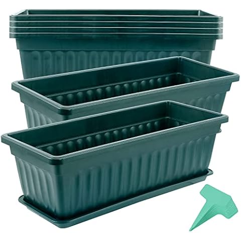 JOIKIT 6 Packs 17 x 7.5 x 5.5 Inch Plastic Window Planter Boxes with Trays, Plastic Vegetable Planter with 30 Plant Label, Countryside Flower Box Pot for Garden Windowsill Patio Balcony, Dark Green Cover