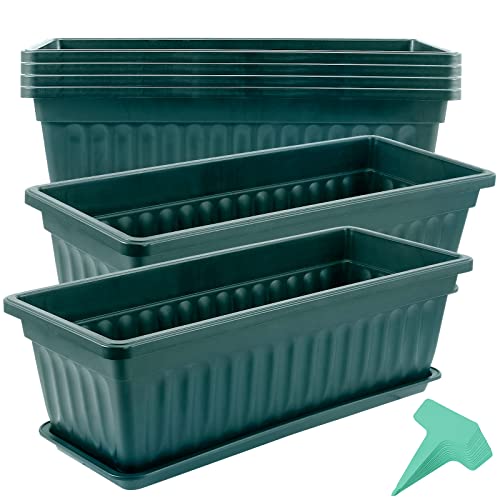JOIKIT 6 Packs 17 x 7.5 x 5.5 Inch Plastic Window Planter Boxes with Trays, Plastic Vegetable Planter with 30 Plant Label, Countryside Flower Box Pot for Garden Windowsill Patio Balcony, Dark Green