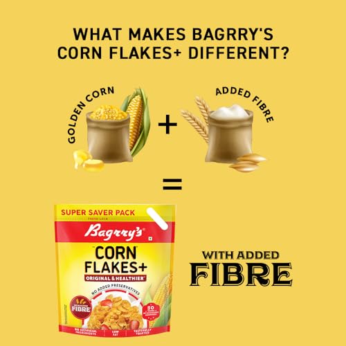 Image of Bagrry's Corn Flakes+ Original & Healthier 1.2kg | Added Fibre | Crunchy Breakfast Cereal | Delicious Golden Corn | Low Fat & Low in Glycaemic Index | Source of Protein | Toasted & Crunchy Corn Flakes | No Added Preservatives | No Artificial Ingredients