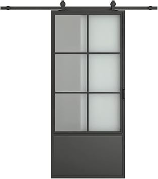 30 in. x 84 in. 3/4 Lites Frosted Glass Black Steel Frame Interior Barn Door with Sliding Hardware Kit and Door Handle