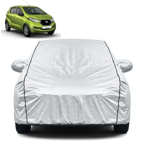 Image of Waterproof Car Cover for Datsun Redi Go | Dustproof, UV Resistant & Scratch Protection | Soft Cotton Lining | Triple Stitched | Mirror Pockets & Elastic Fit | Silver