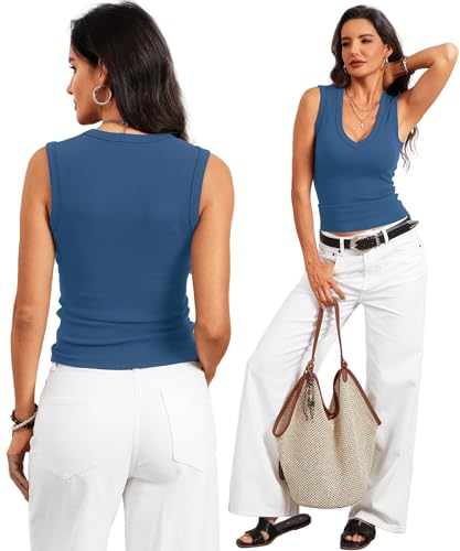 Image of Prettywear Deep V Neck Tank Tops for Women 2026 Summer Fashion Clothes Sexy Casual Ribbed Fitted Sleeveless Going Out Tops