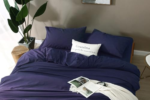 Image of F.Y.Dreams 100% Washed Cotton Duvet Cover for Weighted Blanket 80x87 inches with 16 Ties, Zipper on Long Side /Navy BlueJust Duvet Cover