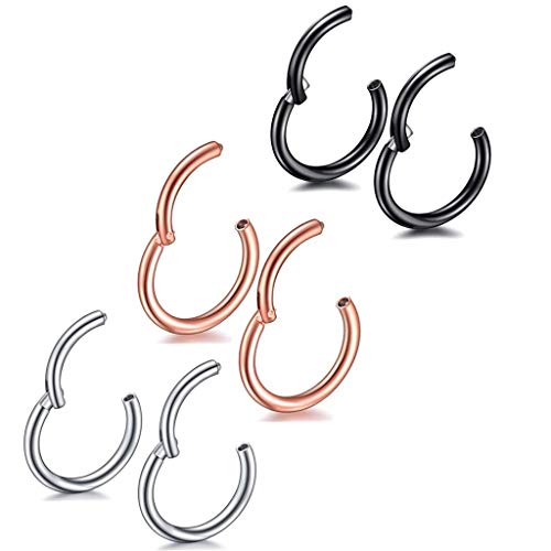Lot de 6 piercings de nez en acier inoxydable 10 mm Noir Or Rose Argent 16 G Septum Clicker Anneau de nez pour homme et femme Cover