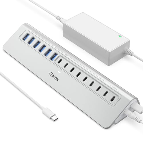 Image of Powered USB Hub 10Gbps, intpw 15-Port USB 3.2 /USB C Hub (6 x USB-A 3.2 + 7 x USB-C 3.2 10Gbps +2 x PD 45W Fast Charging Ports), 3Ft Cable, Aluminum USB Hub for PC /Laptop /iPhone 17 /16 /MacBook Neo