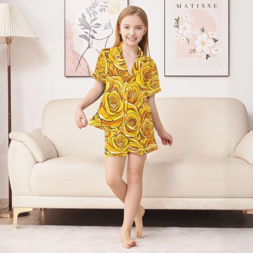 senya Pajama Sets Silky Button Down Nightwear Sleepwear Size 5-14 Years Yellow Roses3