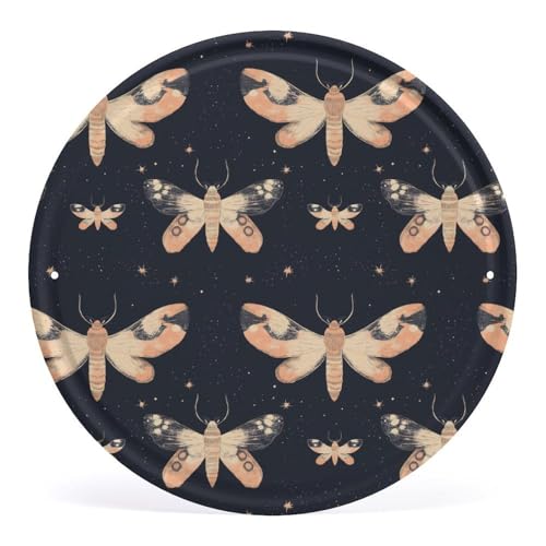 Moth Pattern Printed Vintage Iron Tin Sign Round Retro Hanging Plate Wall Decor Home Cafes Office