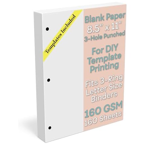 Letter Blank Paper 3-Hole Punched, 160 Sheets/320 Pages, 160 GSM, 42 lb., Maximum Thickness Printer Paper 8.5 x 11 inch, Print Templates for DIY Planners Cover