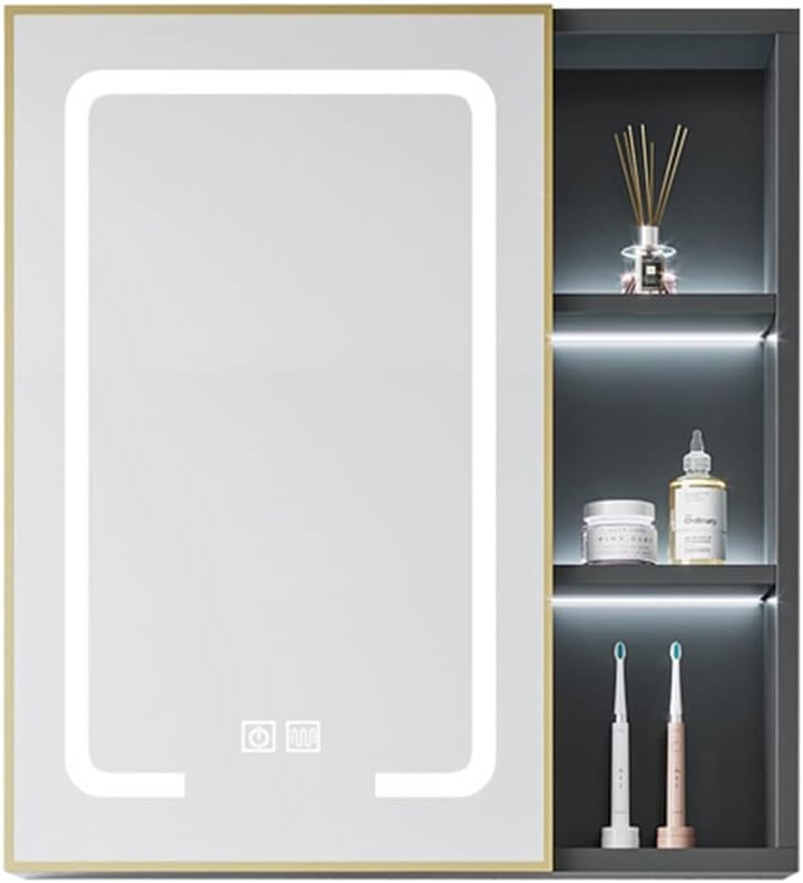 Intelligent Bathroom Mirror Cabinet with LED Lights, Touch Switch, 10cm Width Bedroom Illuminated Storage Wall Mounted with Shelf, Waterproof Bathroom Furniture(Gray 65x10x70cm)