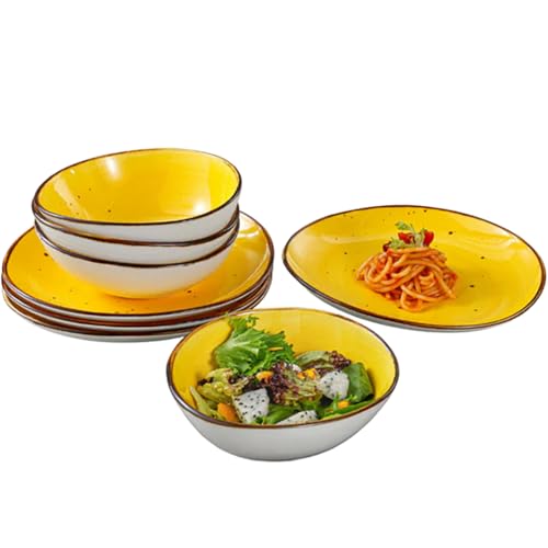 Kadum Potosi - Set di 8 piatti piani in ceramica di alta qualità per 4 persone, 4 piatti da colazione Ø 21,0 cm e 4 ciotole per insalata, Ø 15,0 cm (giallo)