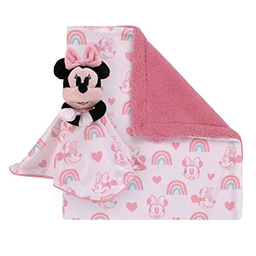 Image of Disney Minnie Mouse White, Pink, and Aqua Rainbows and Hearts Super Soft Sherpa Baby Blanket and Security Blanket 2-Piece Set