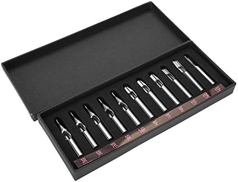 Tattoo Tips, Tattoo Nozzle Tips, Stainless Steel Needles Machine Gun Tube Grip Box Set of 11Pcs Sterilized Assorted 3 5 7 9 14 RL 13F 15 F