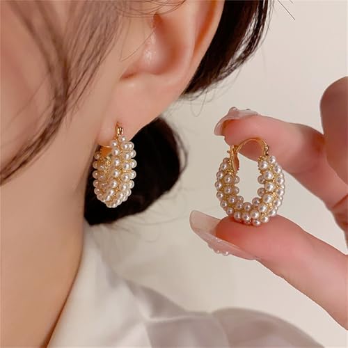Chunky Basket Pearl Hoop Earrings Gold Plated Vintage Thick Round Shell Pearls Ball Small Lightweight Huggie Hoop Earrings for Women Minimalist Wedding Bridal Christmas Birthday Party Trendy Jewelry Gifts2