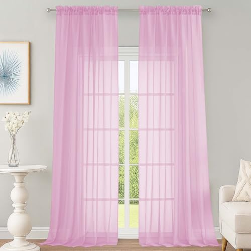 Image of OWENIE Sheer Pink Curtains 108 Inches Long for Living Room Bedroom 2 Panels Set, Lightweight Airy Pink Sheer Curtain, Filmy Voile Rod Pocket, 2 PCS, Each 59 inch W x 108 inch L