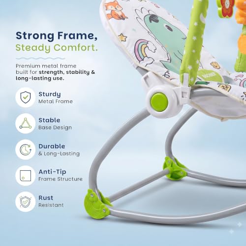 Image of Baybee 2 in 1 Baby Rocker & Bouncer, 3-Position Recline, Soothing Music, Removable Hanging Toys, Soft Cushioned Seat & Safety Harness, Rocking Chair for Newborn 0-3 Years (Green)