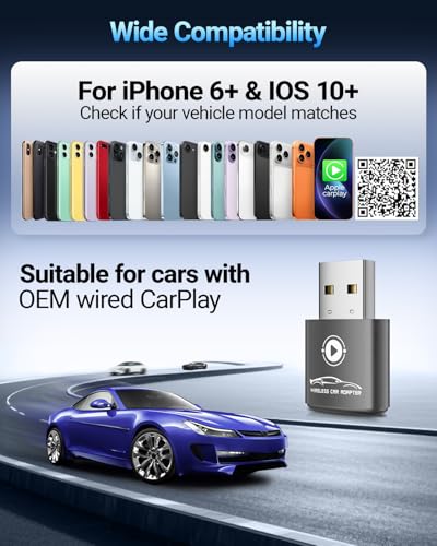 Image of vnilrgle Wireless CarPlay Adapter for Apple iPhone（2026 Upgraded） Mini Design, Converts Factory Wired to Wireless Adapter for CarPlay, Plug and Play, Auto Connect Fast and Stable(Dark Gray)