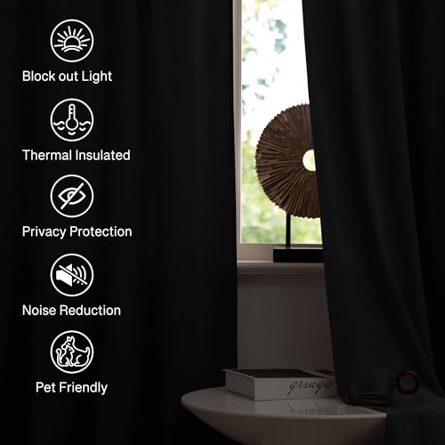 StangH Black Blackout Curtains Velvet Curtains 84 Inches Living Room Thermal Insualted Window Drapes for Halloween/Theater/Studio Room/Bedroom, W52 x L84 inches, Set of 2