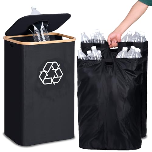 efluky Recycling Bin for Kitchen 26 Gallon, 100L Recycle Bin with 2 Removeable and Reusable Inner Bag, Large Recycling bin with lid for Bottle Can Plastice Stickers (Black)