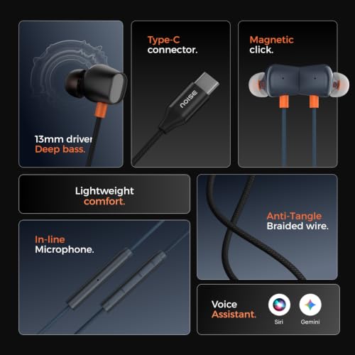 Image of Noise Chord 200 Type-C Wired Earphones | 13mm Driver | in-Line Mic with Voice Assistant | Magnetic Snap-Fit Earbuds | Tangle-Free Cable | Multifunctional Controls - Midnight Blue