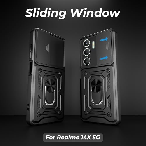 Image of A rtistque Armor Bumper Back Case Cover for Realme P3x 5G / 14x 5G / Narzo 80x 5G / 80 Lite 5G | Stylish Ring Holder & Inbuilt Stand | Sliding Camera Cover | Shockproof TPU Protective Design - Black